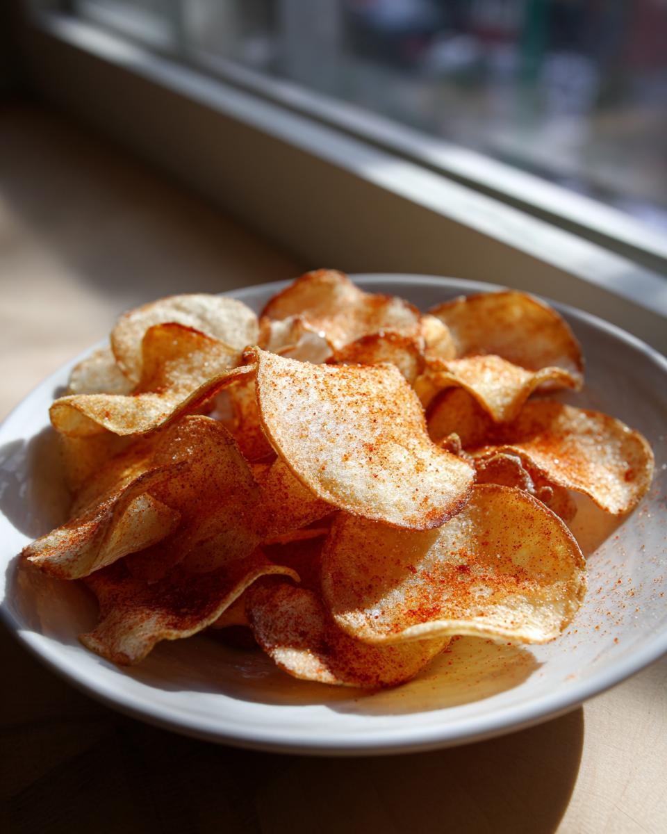 A bowl of freshly made, crispy potato chips seasoned with red spices, highlighted by bright sunlight.
