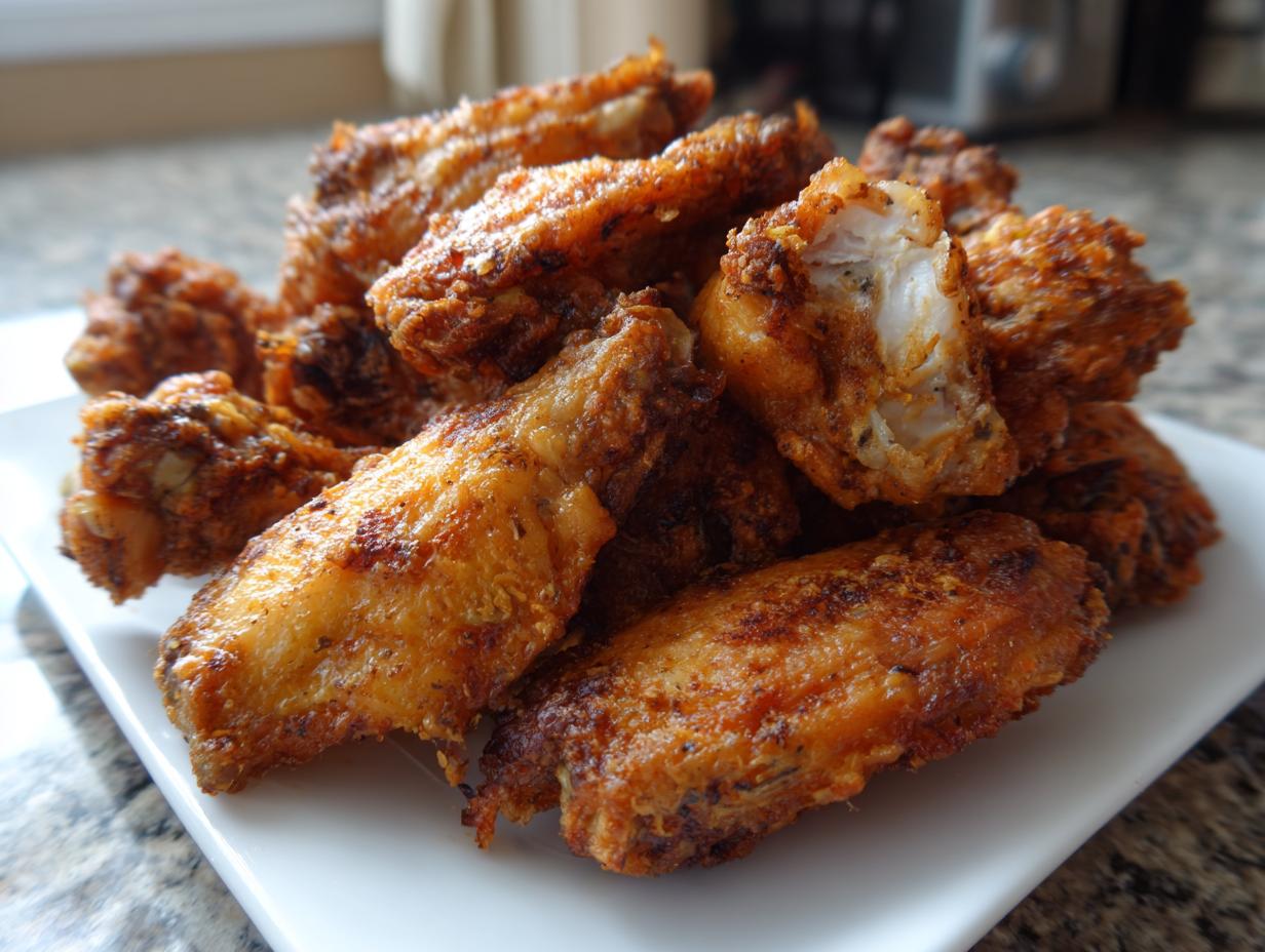 A close-up of a pile of golden brown, crispy chicken wings, with one wing broken open showing the white meat inside.