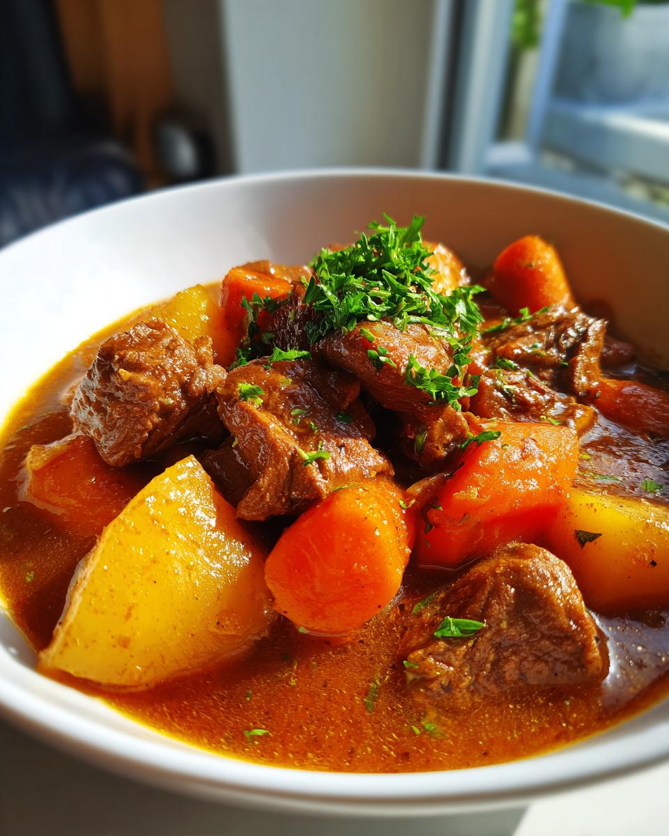 Close-up of a bowl of rich crockpot beef stew featuring tender beef chunks, carrots, and potatoes, topped with fresh parsley.