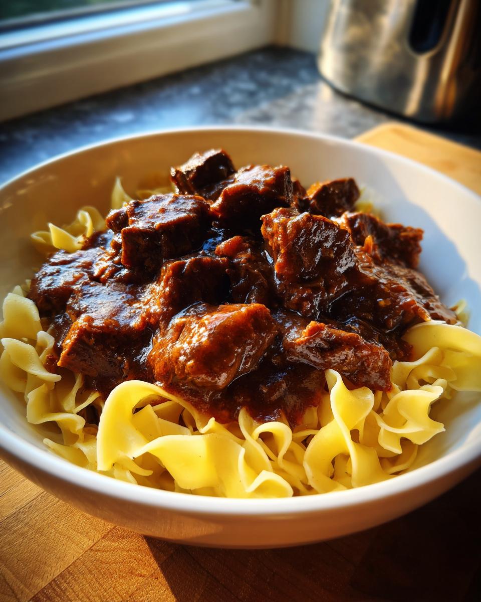A white bowl filled with tender crockpot beef tips in rich gravy served over wide egg noodles.