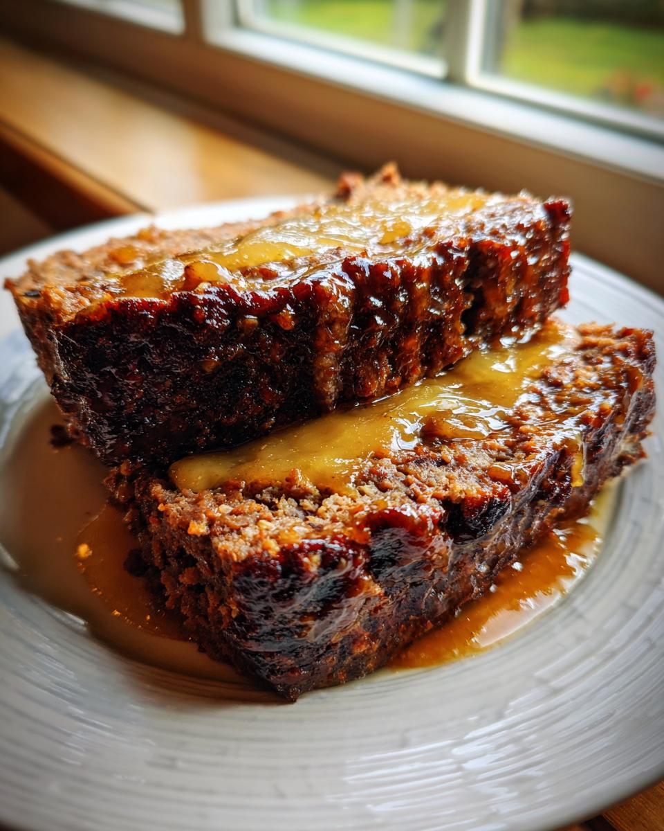 Two thick slices of moist crockpot French onion meatloaf stacked and drizzled with a savory, golden glaze.