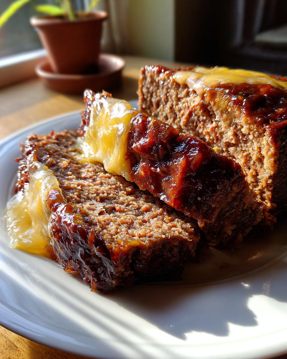 Two thick slices of moist crockpot French onion meatloaf topped with melted cheese and a shiny glaze.