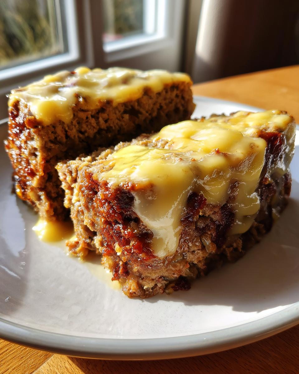 Two thick slices of moist crockpot French onion meatloaf topped with melted yellow cheese sauce.