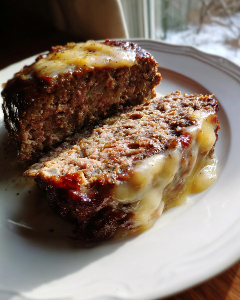 Two thick slices of moist crockpot French onion meatloaf topped with melted Swiss cheese on a white plate.