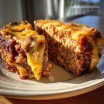 Two slices of moist crockpot french onion meatloaf topped with gooey, melted cheese.