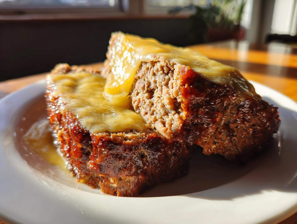Two thick slices of moist crockpot French onion meatloaf topped with melted cheese sauce on a white plate.