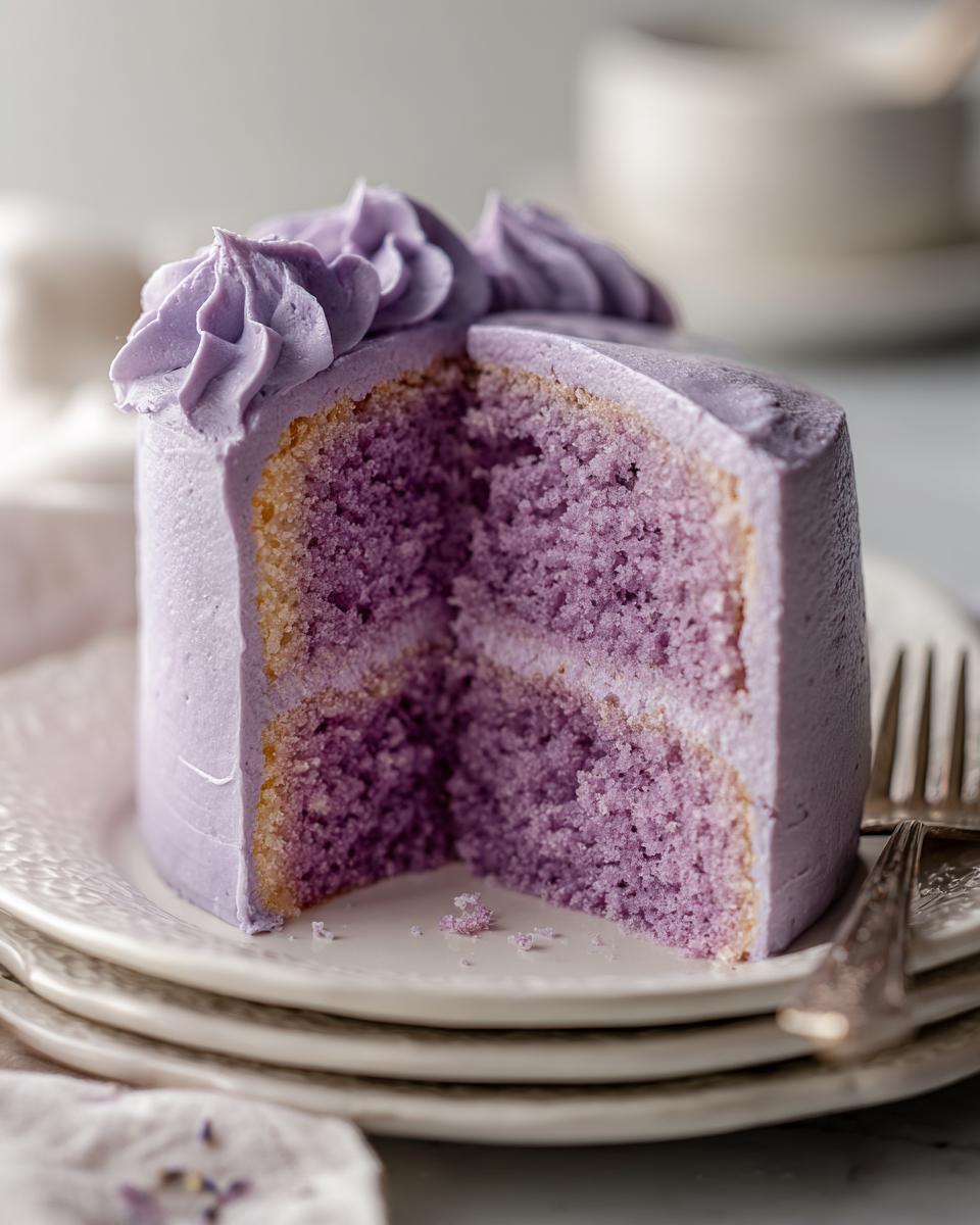 A slice cut from a small, round lavender cake showing the moist, purple interior and smooth lavender frosting.