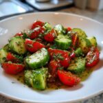 Close-up of a fresh cucumber tomato salad tossed in oil and heavily seasoned with chopped dill.