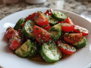 Close-up of a vibrant cucumber tomato salad tossed in a light vinaigrette and fresh dill.
