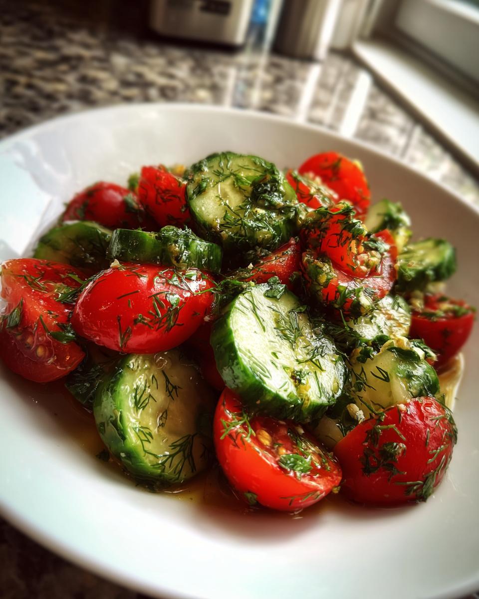 Close-up of a fresh cucumber tomato salad featuring sliced cucumbers, halved cherry tomatoes, and fresh dill in a light dressing.