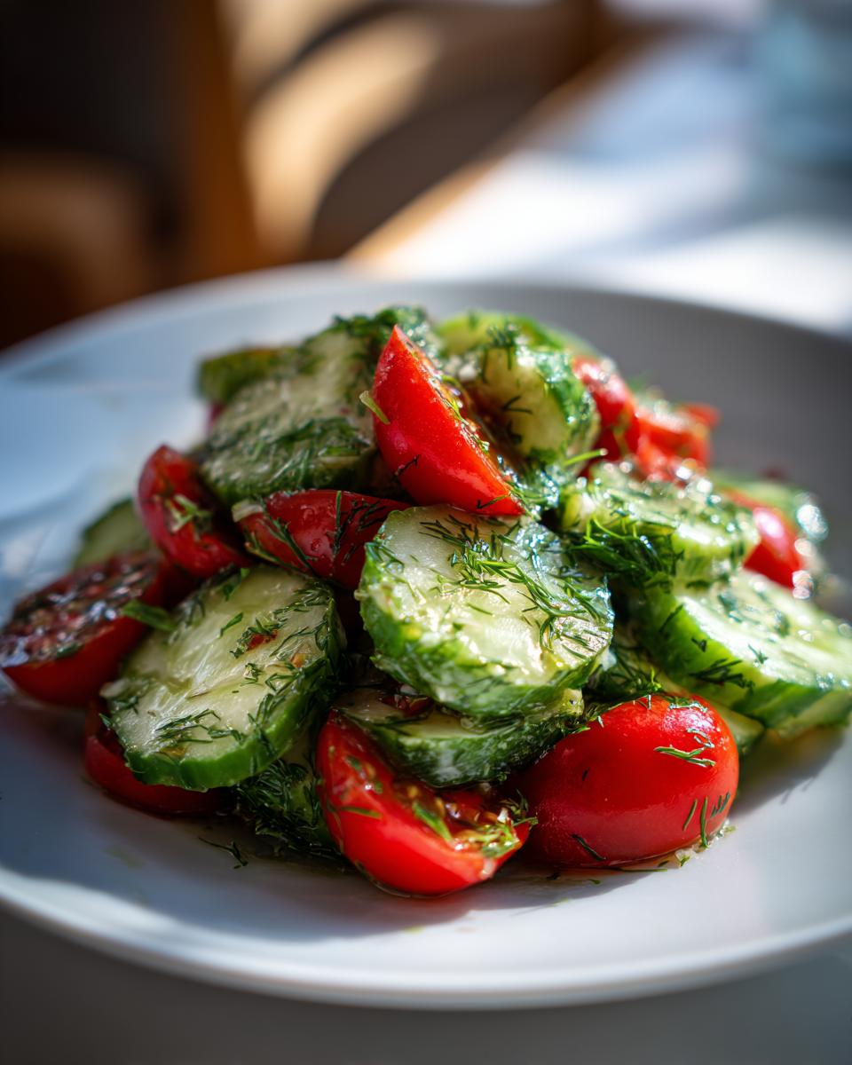 Close-up of a fresh cucumber tomato salad tossed with dill, served on a white plate.