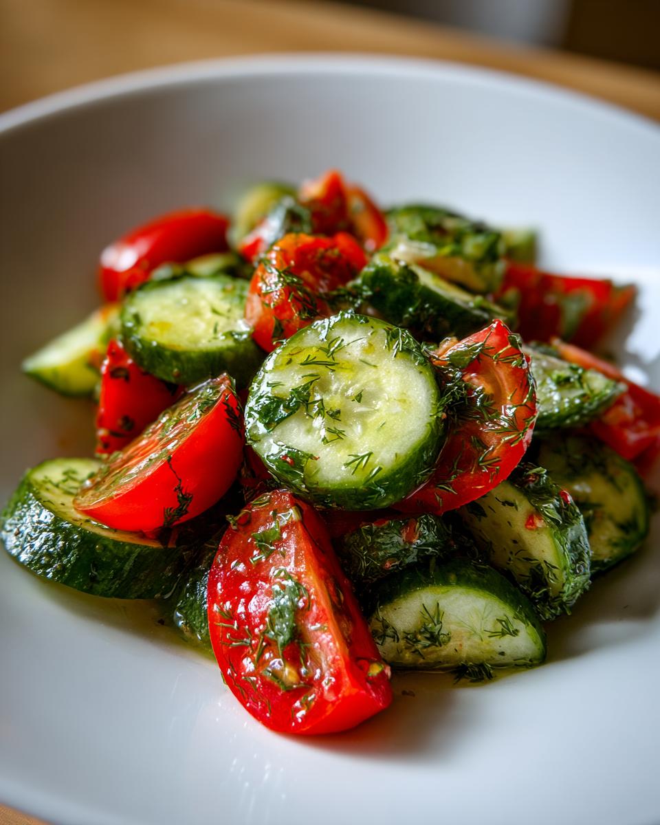 Close-up of vibrant cucumber tomato salad tossed with fresh dill and dressing in a white bowl.