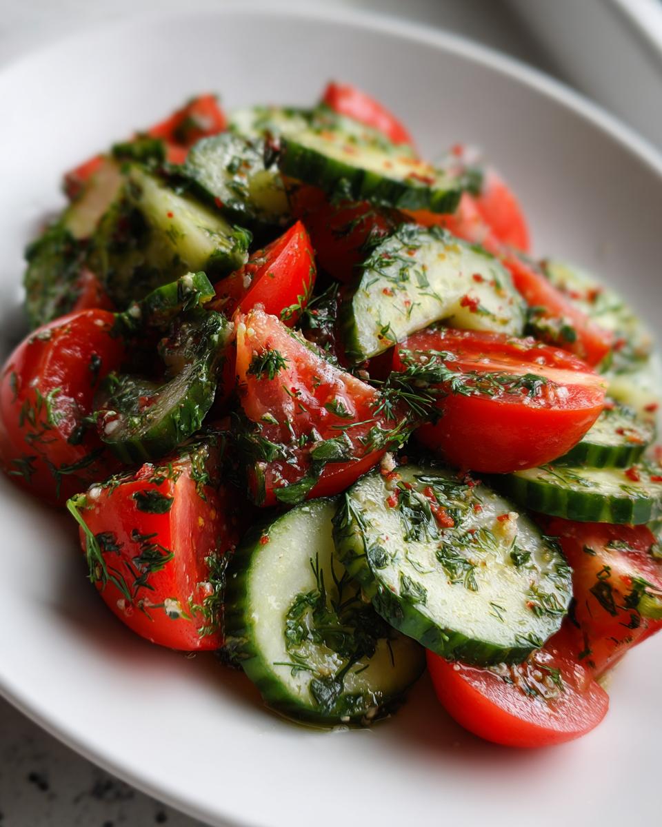 Close-up of a vibrant cucumber tomato salad tossed with fresh dill and dressing.