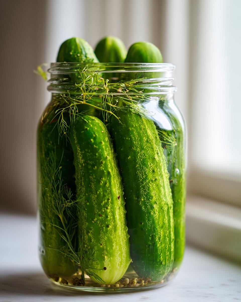 Close-up of fresh cucumbers packed tightly in a glass jar with dill sprigs for making refrigerator pickles.