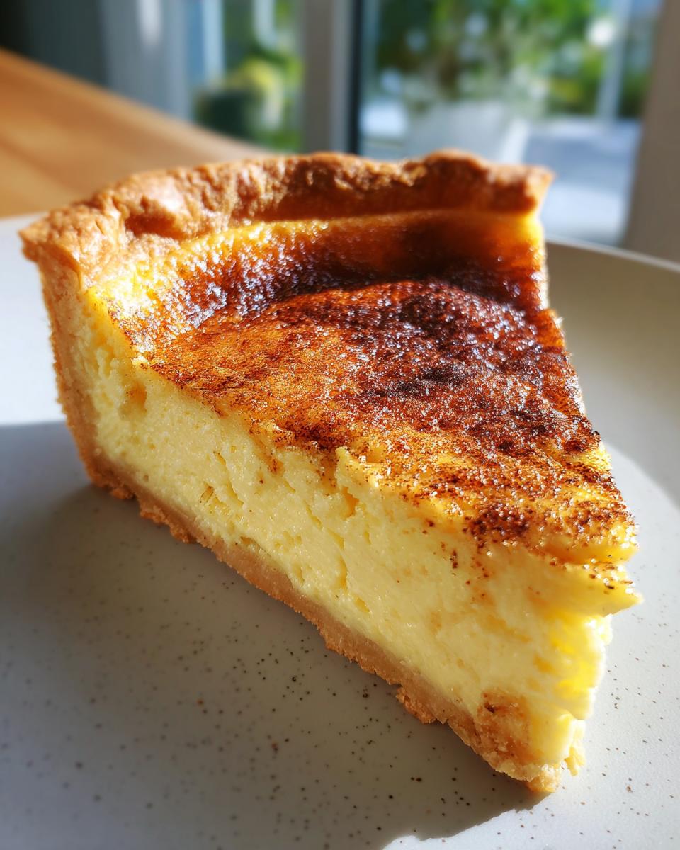 A close-up slice of silky custard pie with a golden-brown, sprinkled top, resting on a light plate.