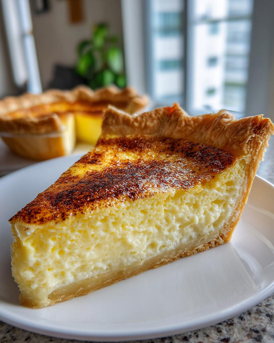 A close-up slice of silky custard pie with a perfectly browned and slightly torched top crust.