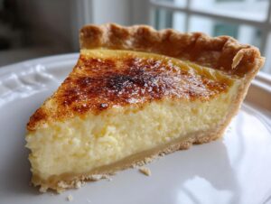 A close-up of a thick slice of creamy custard pie with a perfectly golden, slightly caramelized top.