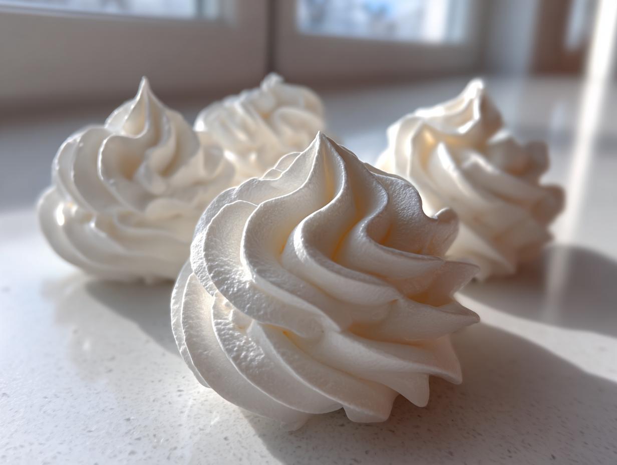 Close-up of four crisp, white meringue cookies piped into beautiful swirls, highlighted by natural sunlight.