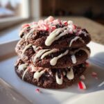 A stack of three rich double chocolate peppermint cookies drizzled with white icing and topped with crushed candy canes.