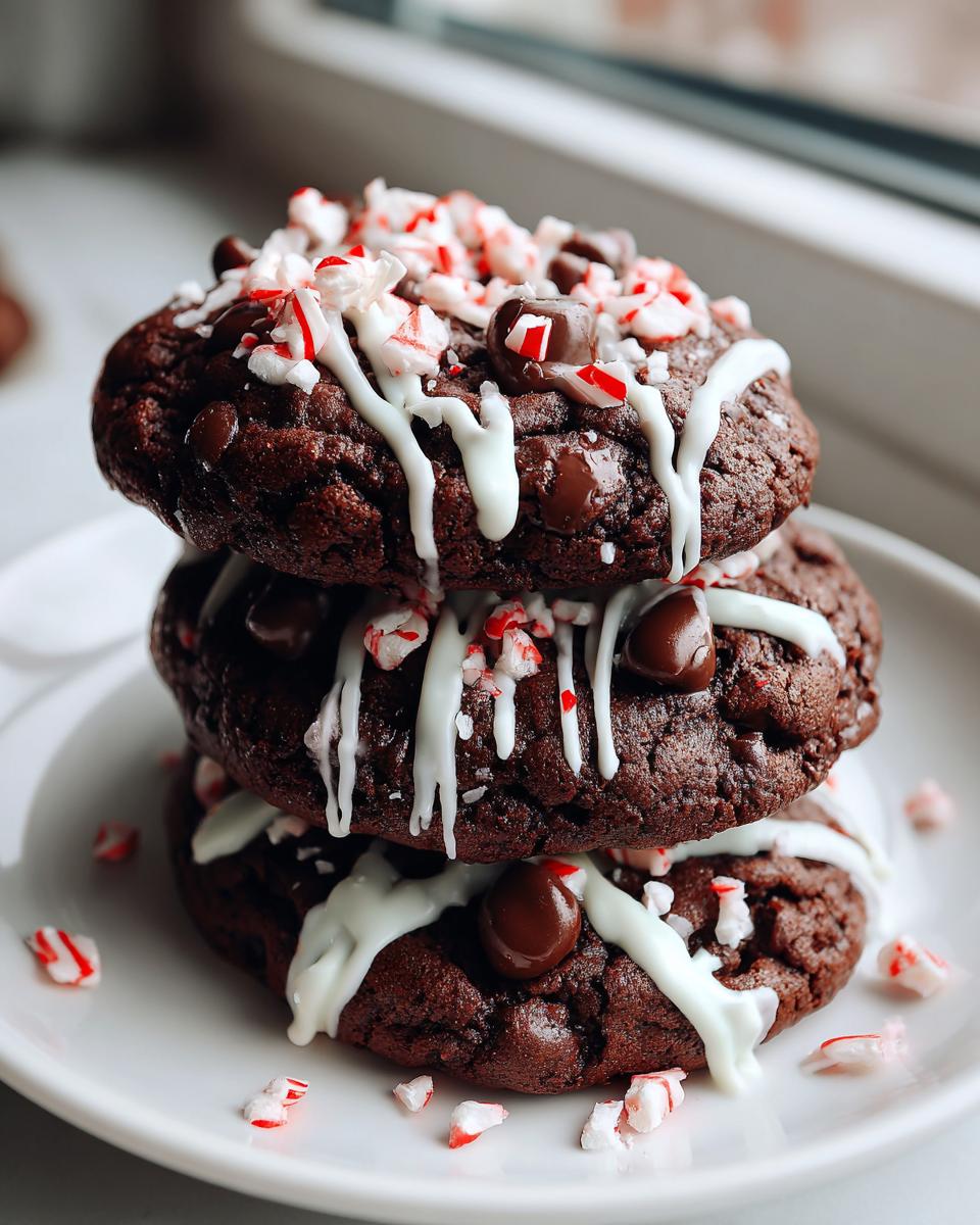 A stack of three rich double chocolate peppermint cookies drizzled with white chocolate and topped with crushed candy canes.