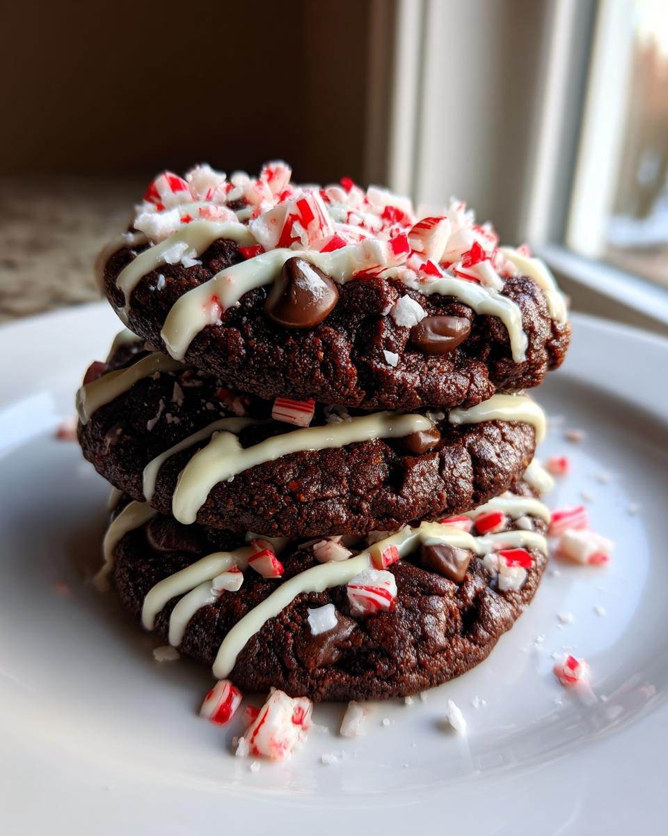 A stack of three rich, dark double chocolate peppermint cookies topped with white chocolate drizzle and crushed candy canes.