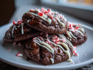 A stack of rich, fudgy double chocolate peppermint cookies drizzled with white icing and topped with crushed candy canes.