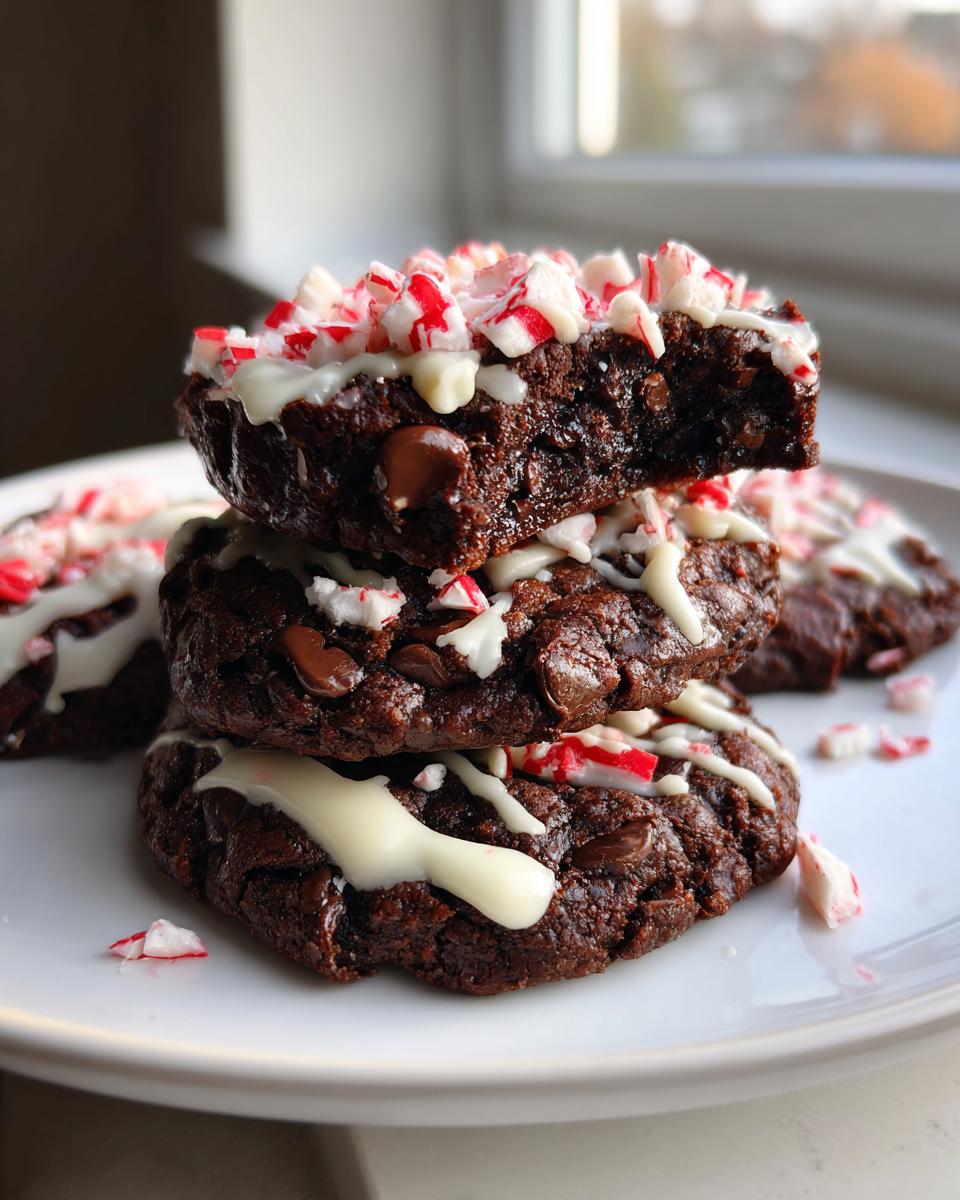 A stack of three rich, dark double chocolate peppermint cookies drizzled with white chocolate and topped with crushed candy canes.