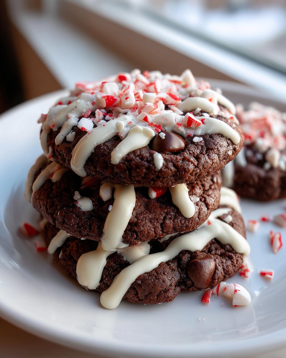 A stack of three rich, dark double chocolate peppermint cookies drizzled with white icing and topped with crushed candy canes.