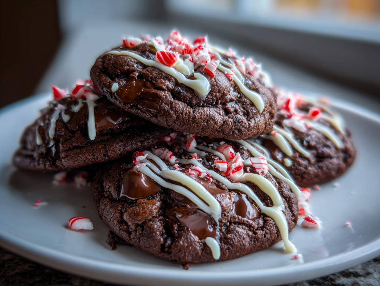 A stack of rich, fudgy double chocolate peppermint cookies drizzled with white icing and topped with crushed candy canes.