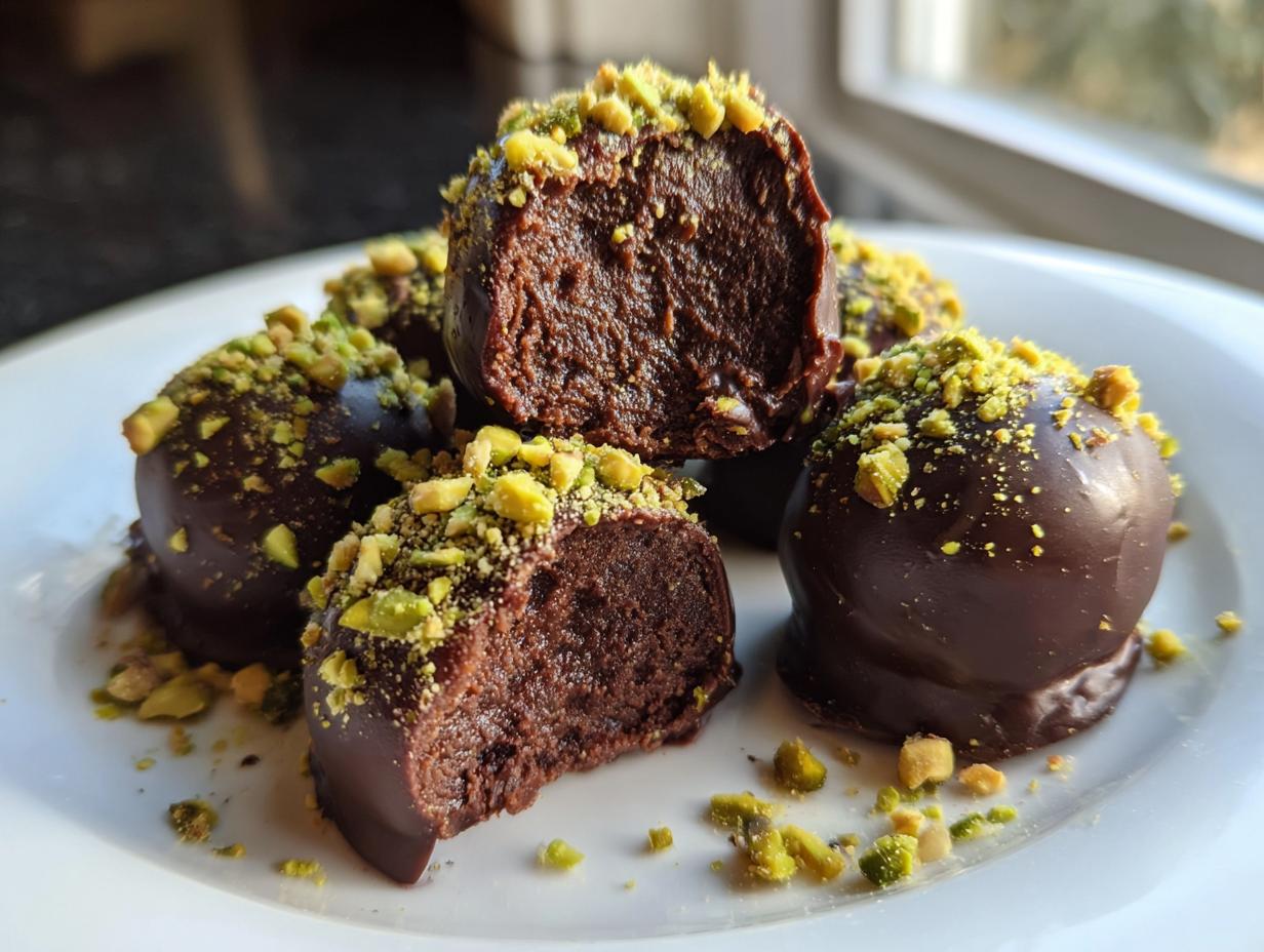 Close-up of rich Dubai chocolate balls dipped in dark chocolate and sprinkled with chopped pistachios, one is cut open.