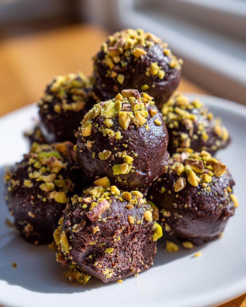 A stack of rich, dark Dubai Chocolate Balls generously topped with chopped green pistachios, served on a white plate.
