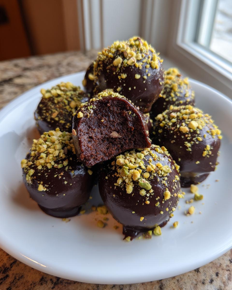 A pile of rich, dark chocolate Dubai chocolate balls coated in ganache and sprinkled with chopped pistachios, one is cut open.