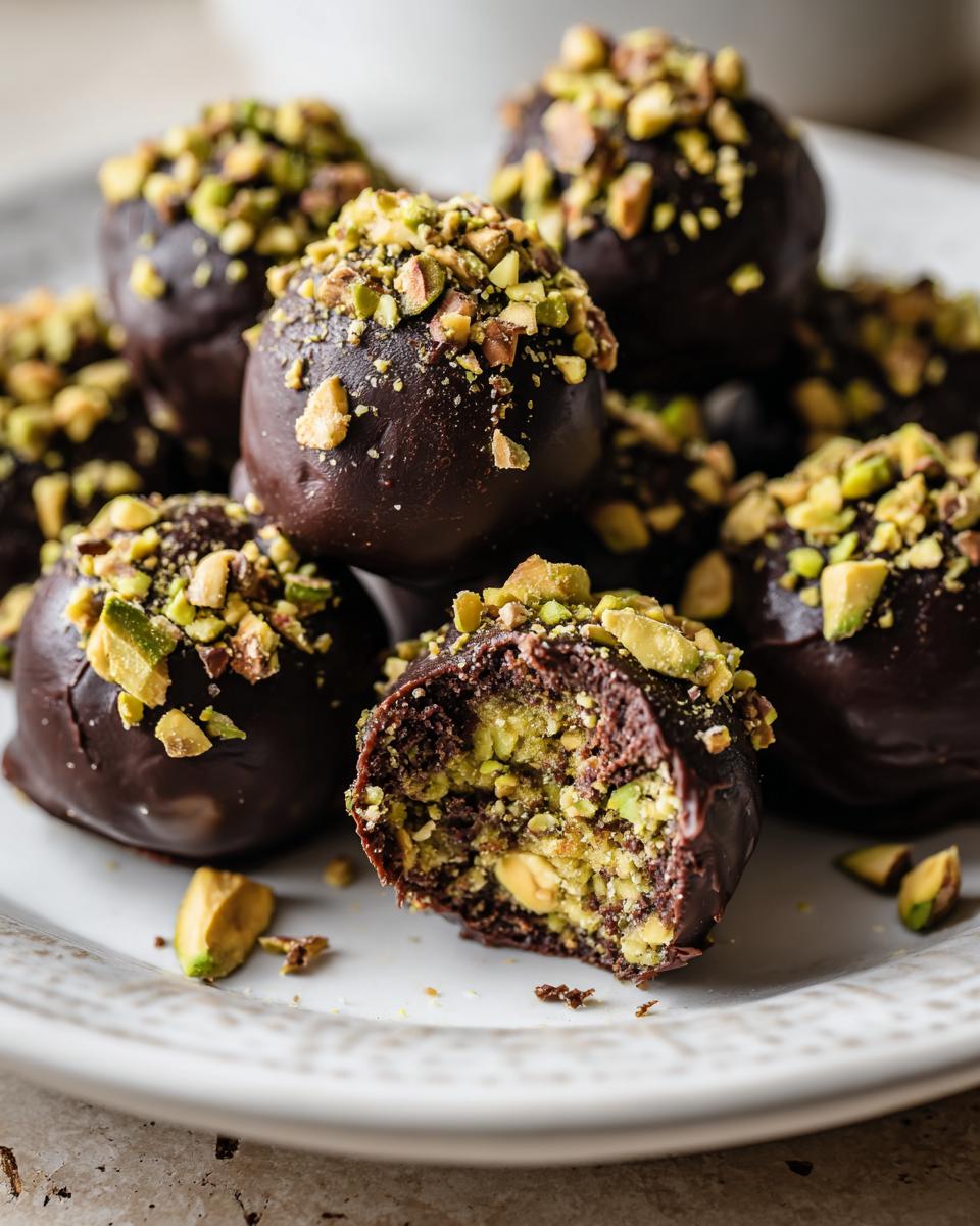 Close-up of rich Dubai Chocolate Balls dipped in dark chocolate and generously topped with chopped pistachios.