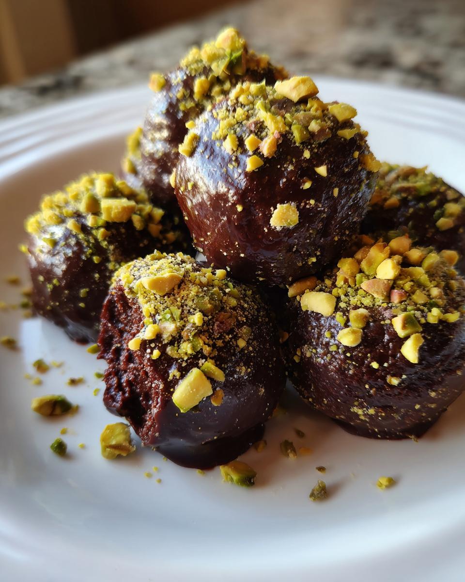 Close-up of rich, dark chocolate Dubai Chocolate Balls coated in crushed green pistachios on a white plate.