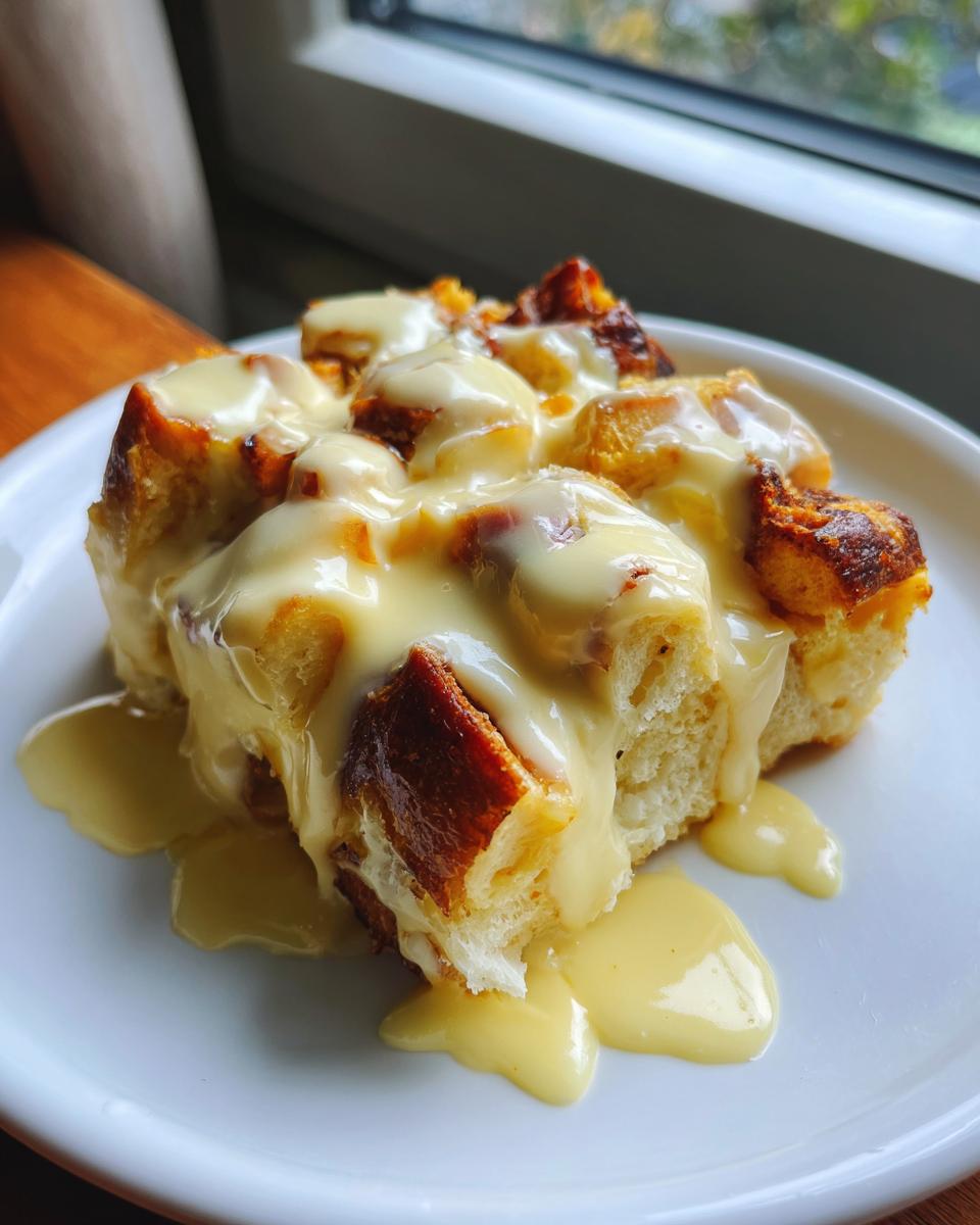A close-up of a portion of eggs benedict casserole topped generously with creamy hollandaise sauce on a white plate.
