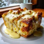 A close-up of a square slice of baked eggs benedict casserole topped generously with creamy hollandaise sauce.