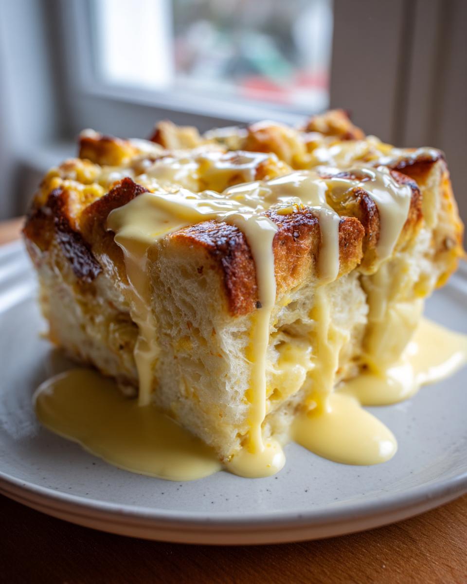 A square slice of baked eggs benedict casserole generously drizzled with yellow hollandaise sauce.