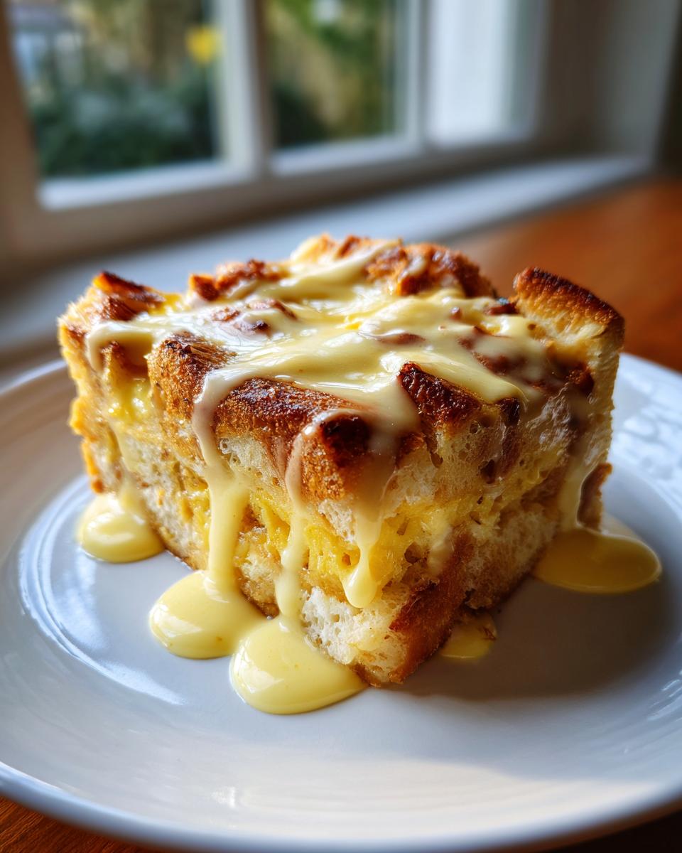 A square serving of baked eggs benedict casserole topped with dripping hollandaise sauce on a white plate.