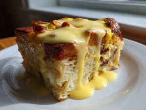 A square serving of baked eggs benedict casserole topped generously with dripping hollandaise sauce on a white plate.