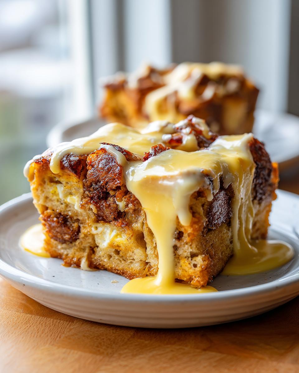 A close-up of a square slice of eggs benedict casserole topped with rich, dripping hollandaise sauce.