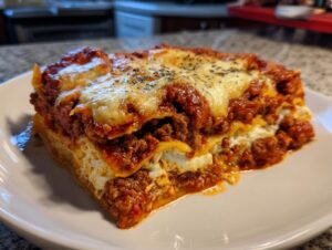 A close-up, appetizing slice of homemade lasagna showing layers of pasta, meat sauce, ricotta, and melted cheese topping.