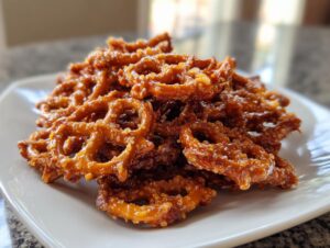 A pile of shiny, glazed toffee pretzels coated in a rich caramel sauce, served on a white square plate.