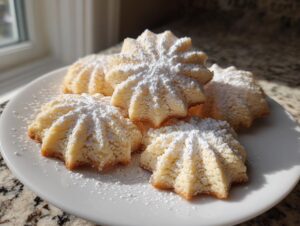 A plate of star-shaped whipped shortbread cookies dusted generously with powdered sugar, brightly lit by natural light.