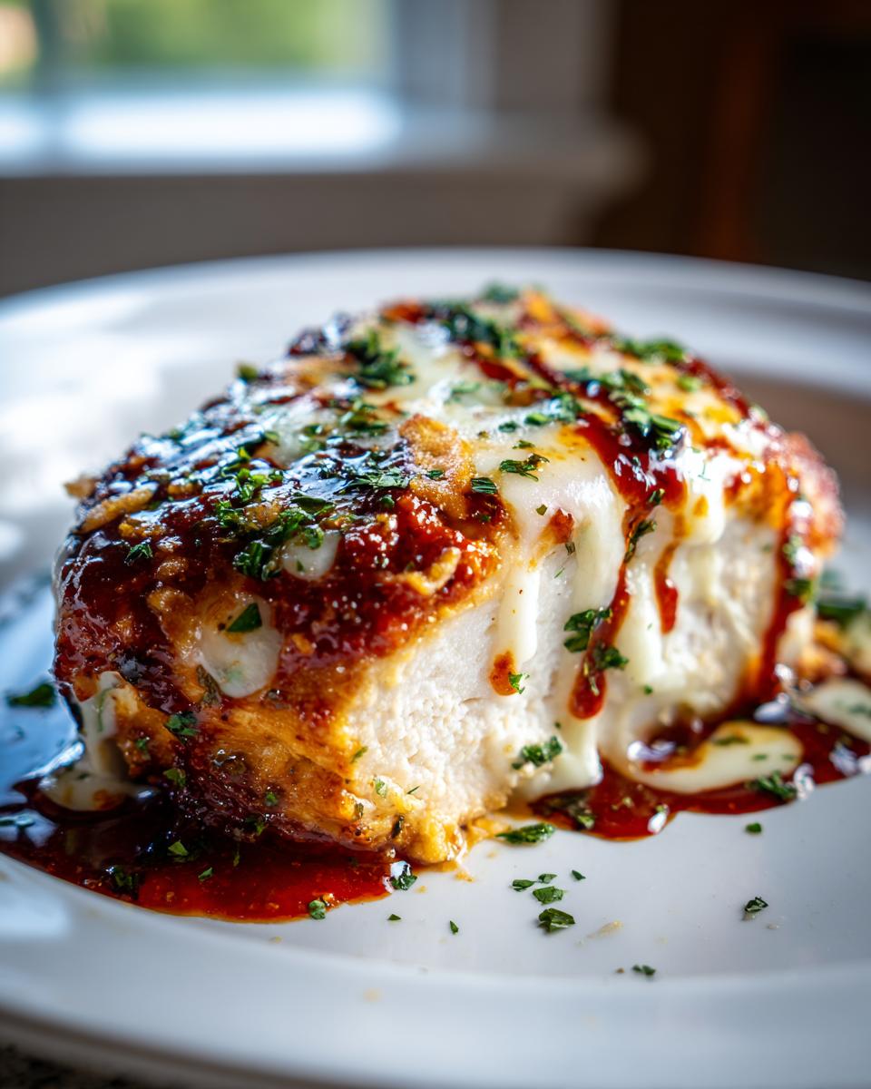 Cross-section of Fiesta Lime Chicken topped with melted white cheese, rich sauce, and fresh parsley.
