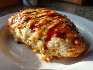 Close-up of a serving of Fiesta Lime Chicken topped with melted white cheese and a drizzle of red sauce.