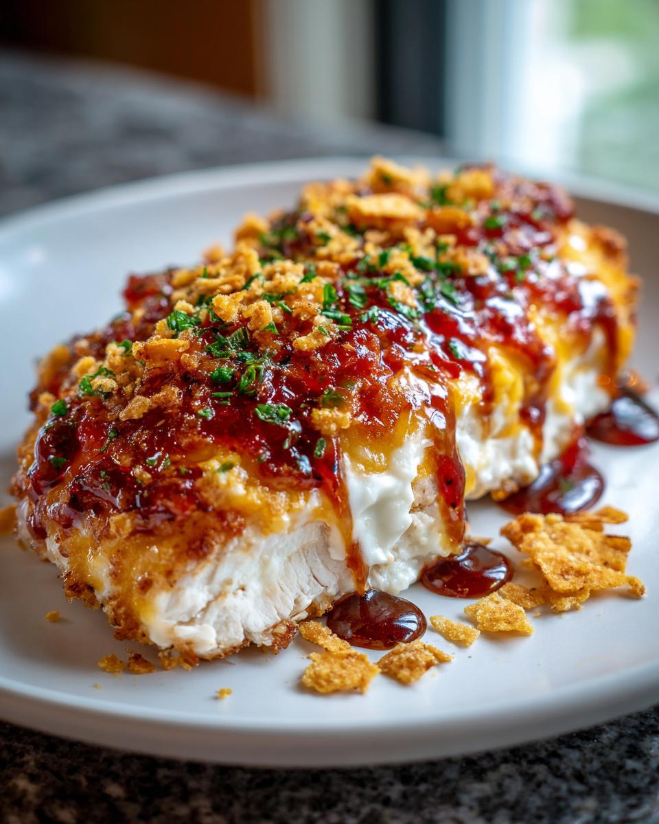 Close-up of a cross-section of Fiesta Lime Chicken stuffed with cheese, drizzled with sauce, and topped with crushed chips and herbs.