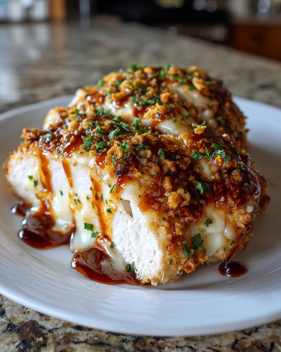 Close-up of stuffed fiesta lime chicken breast, cut open to show melted cheese, drizzled with sauce and topped with crispy crumbs.