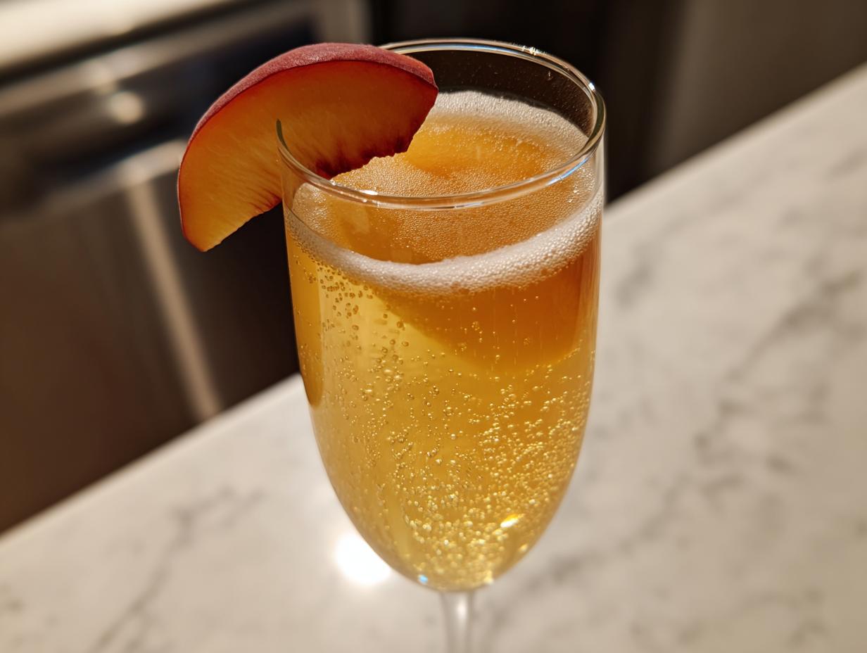 A fizzy, golden bellini recipe cocktail served in a champagne flute, garnished with a fresh peach slice.