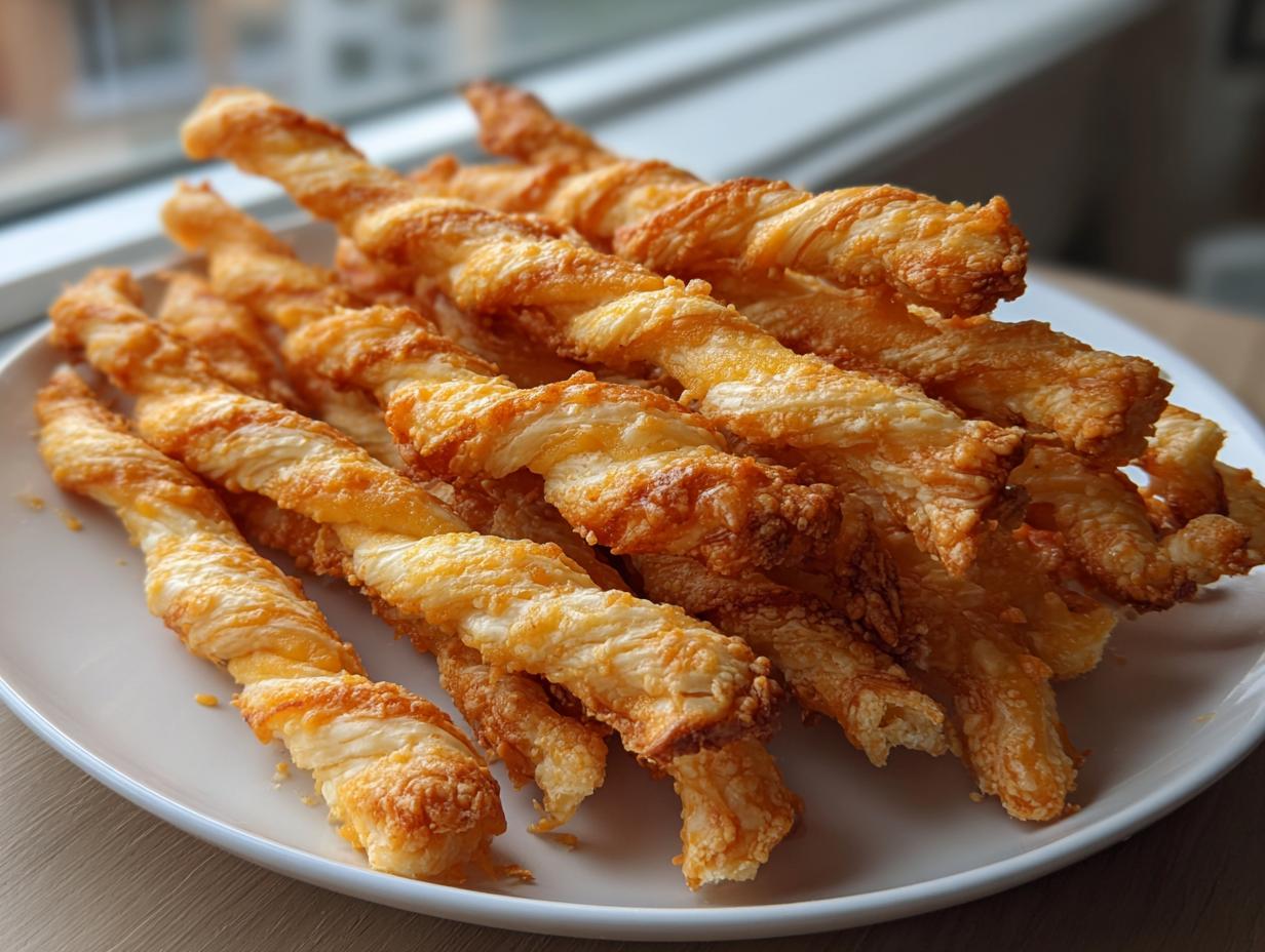 A pile of golden-brown, flaky baked cheese straws recipe twists served on a white plate.