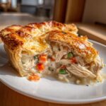 A close-up of a slice of turkey pot pie recipe showing flaky golden crust and creamy filling with shredded turkey, carrots, and peas.